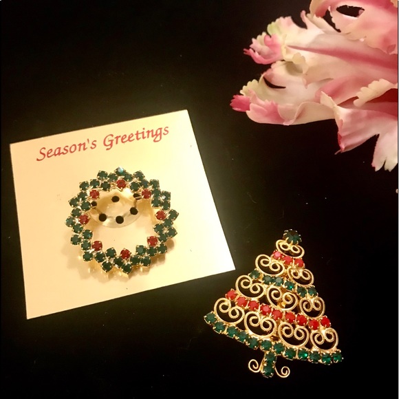 Seasons Greetings 2 Rhinestone Christmas Brooches - Picture 2 of 8